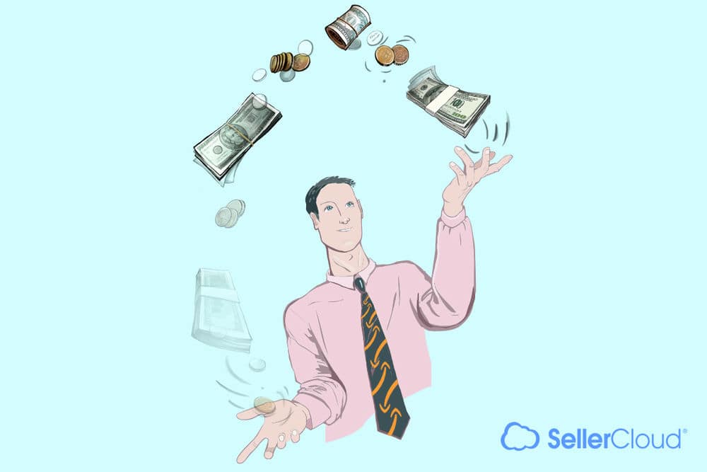 An illustration of a man juggling dollar bills and coins.