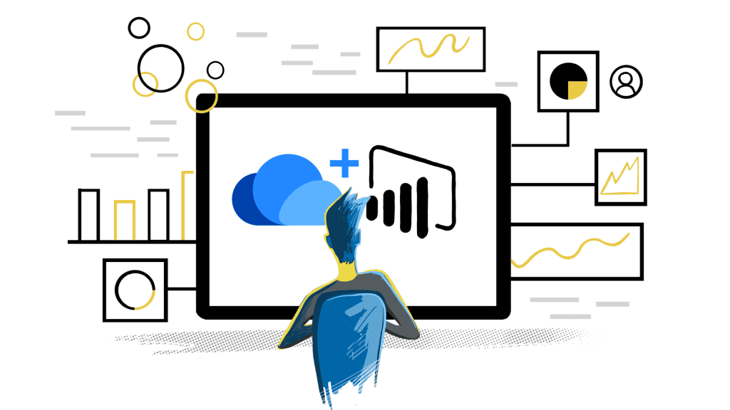 An illustration of a man sitting in front of a computer. The screen shows the Sellercloud and Power BI logos.