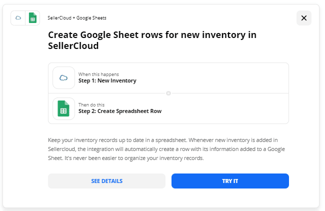 Create Google Sheet rows for new inventory in Sellercloud