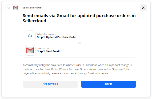 Send emails via Gmail for updated purchase orders in Sellercloud