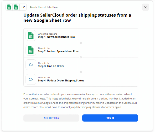 Update Sellercloud order shipping statuses from a new Google Sheet row