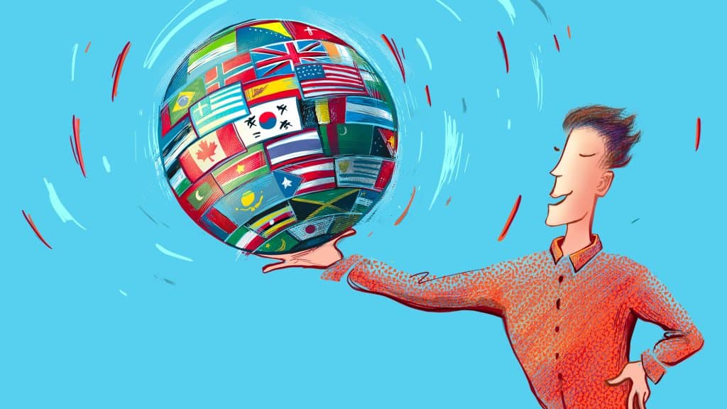 An illustration of a man holding a spinning globe covered in various flags of different nations.