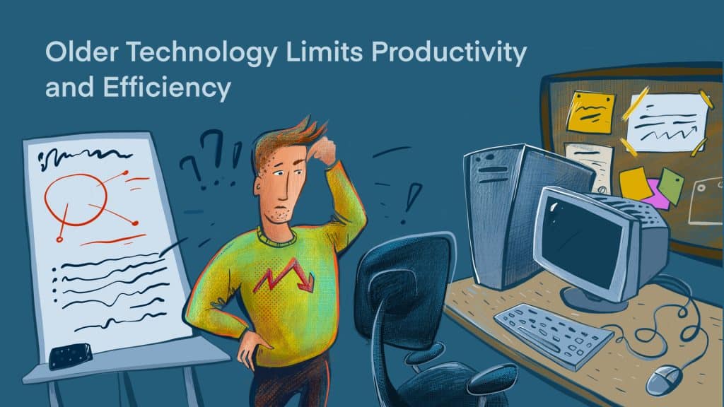 An illustation of a new employee struggling to work with a dated computer.