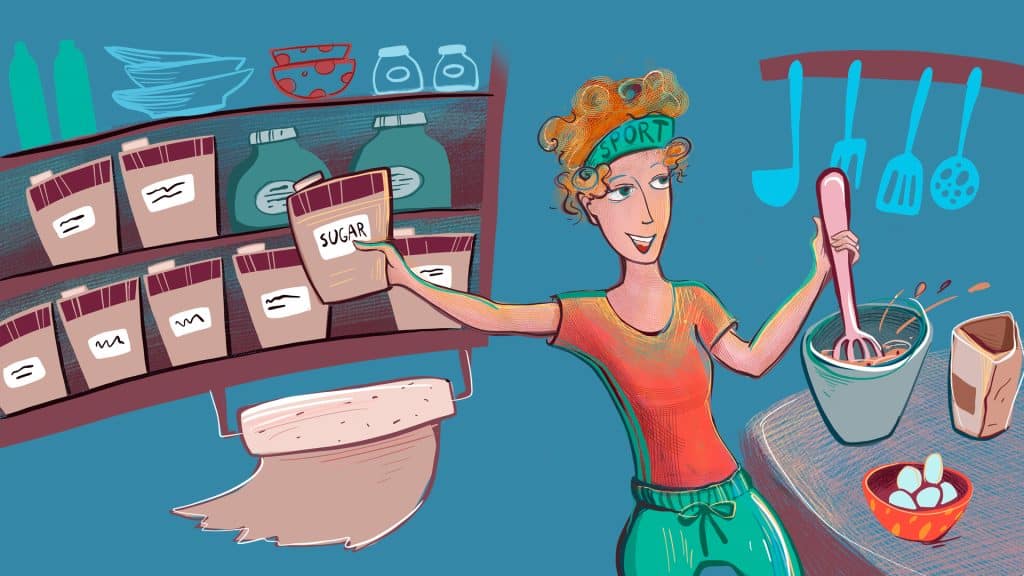 Cartoon woman smiling while holding a bowl of food, representing a fun and engaging cooking experience.
