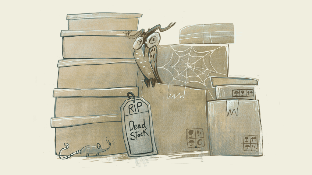 An owl sits on a stack of old boxes. In front of the boxes is a sign that says, 'RIP Dead Stock.'
