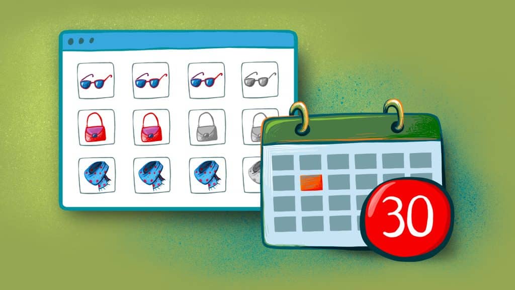An illustration depicting inventory gradually being depleted along side a calendar.