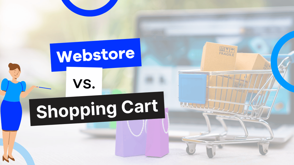 An illustration depicting a woman explaining the difference between a webstore and a shopping cart.