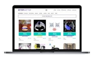 An image of an open laptop with the Tophatter marketplace features in a browser window.