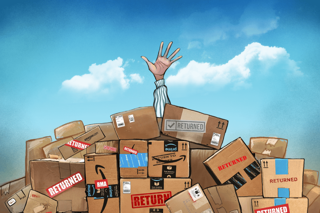 An illustration depicting an ecommerce seller struggling to climb out of a heap of returned Amazon orders.
