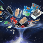 An illustration of various products exploding from a black hole in space.