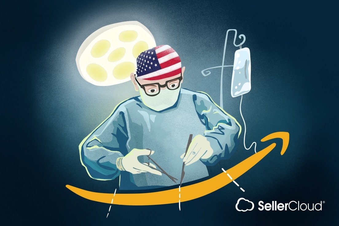 A surgeon wearing a bandana with the US flag prepares to dissect the Amazon smile logo with a scalpel.