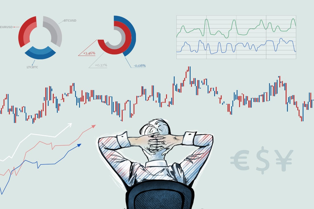 An illustration depicting a trader monitoring the fluctuations in the currency market.