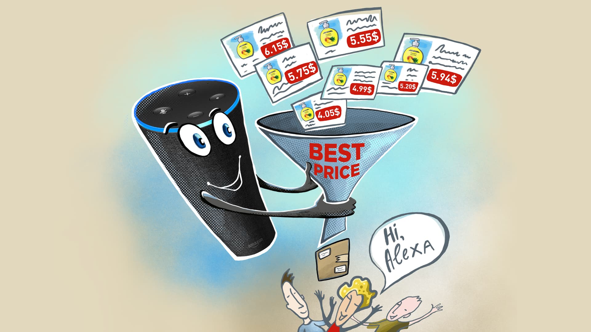 An illustration showing Amazon's Alexa being used to filter the best deals to customers.