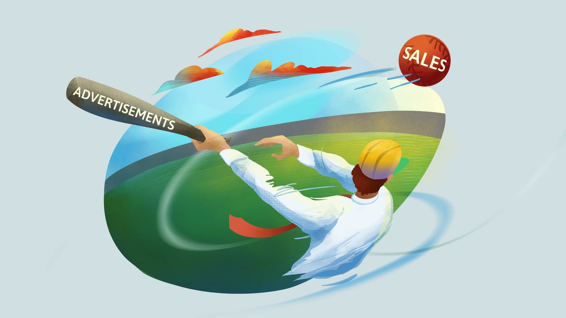 An illustration of a baseball player hitting a ball. On the baseball bat is written 'ADVERTISEMENTS' and on the ball is written 'SALES.'