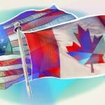 An illustration of the US and Canadian flags.