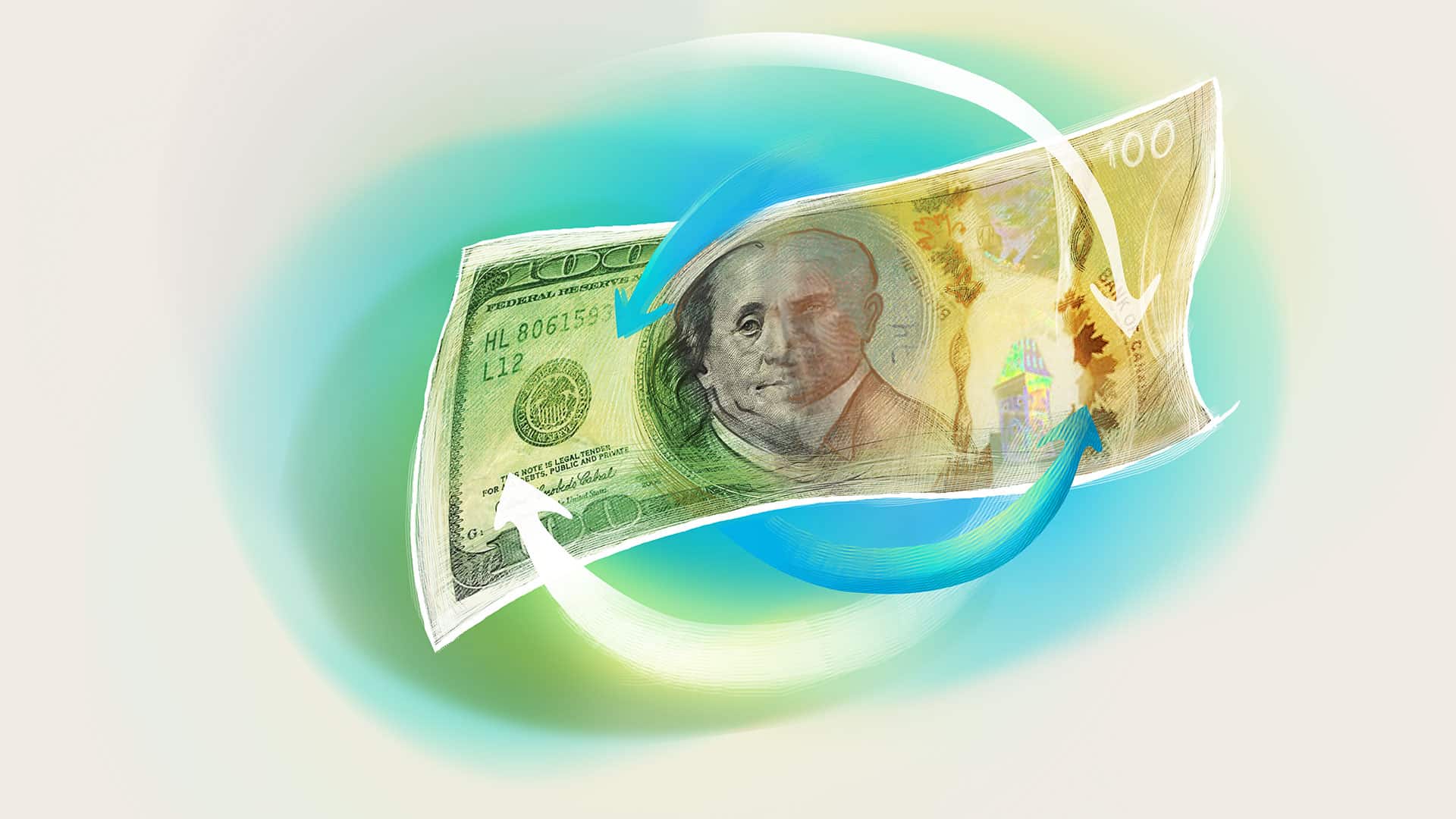 An illustration of a banknote. On one side, it is a US dollar, on the other side it is a Canadian dollar.