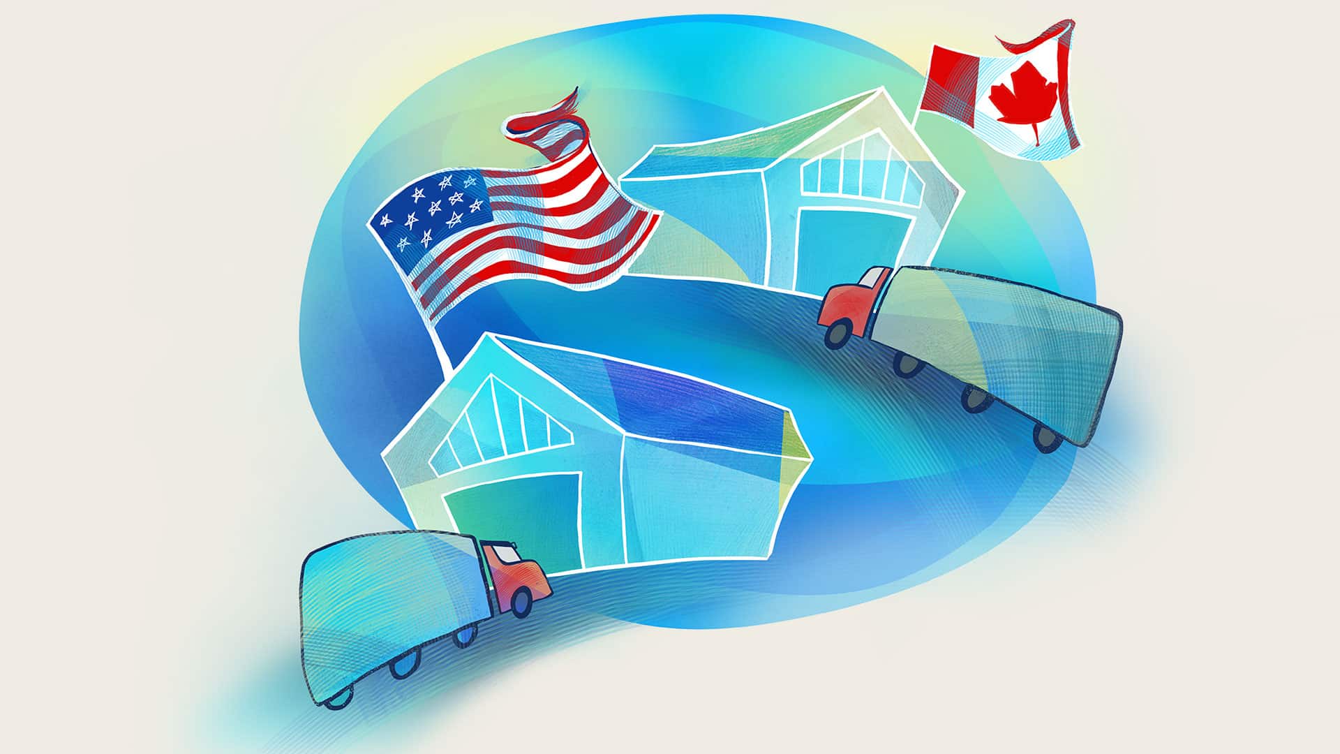 An illustration depicting trucks being sent to different warehouses in the US and Canada.