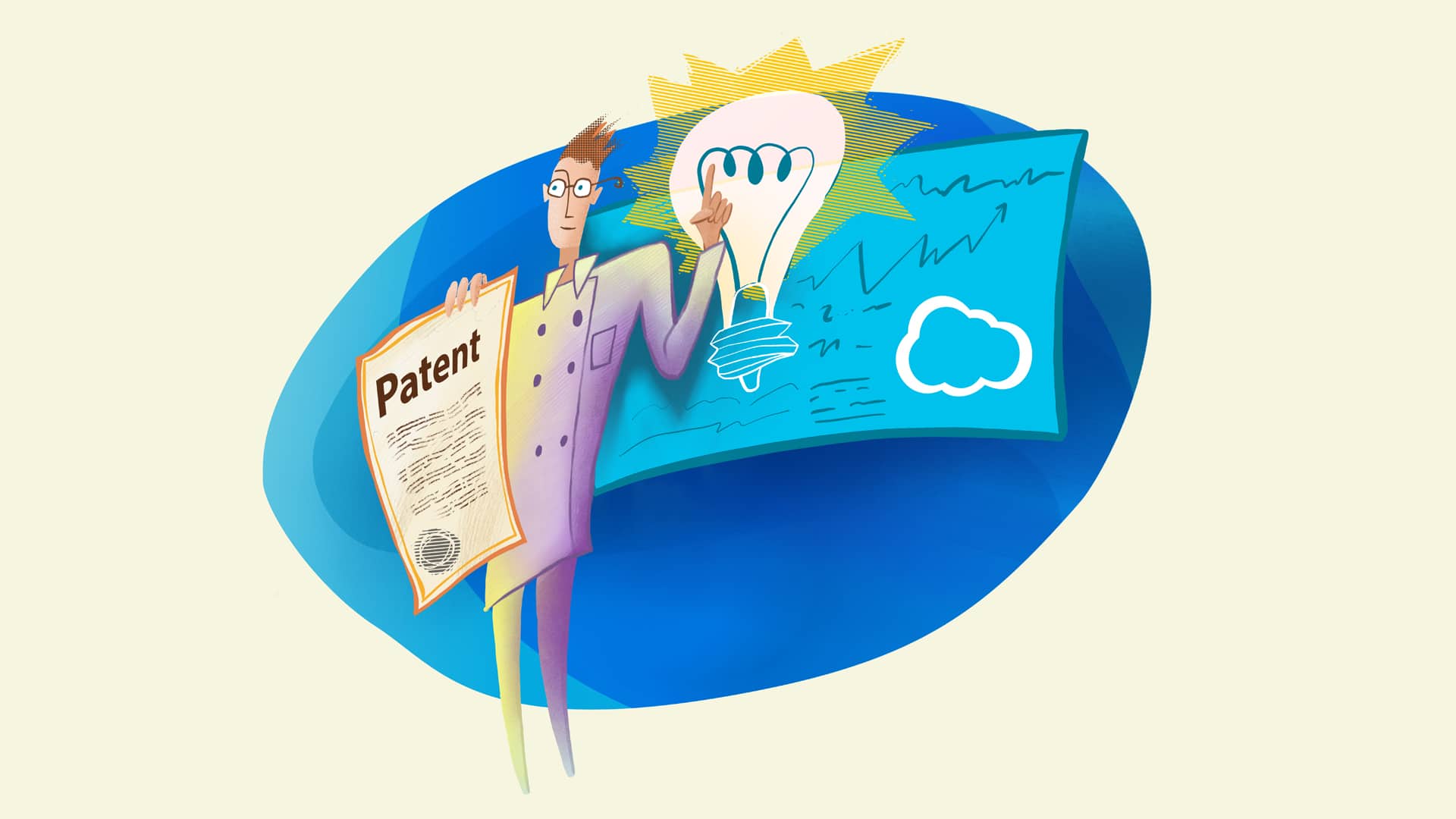 An illustration of an inventor holding up his patent.