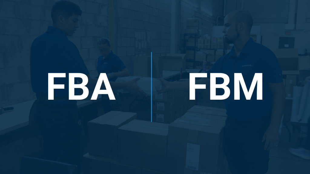 An image with text that says FBA and FBM. The text overlays an image of warehouse workers packing orders.