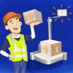 An illustration of a warehouse worker using a 4D Scale to weigh ecommerce orders.