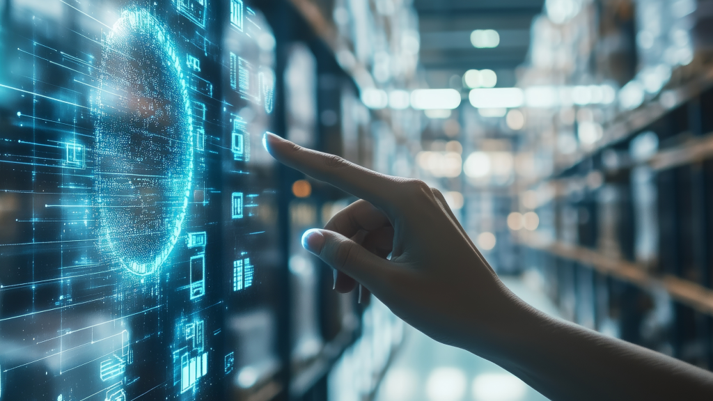 An image of a hand touching a digital screen in a warehouse.