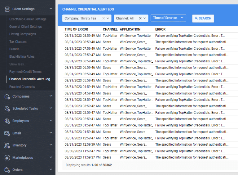 Channel Credentials Alert Log | Sellercloud