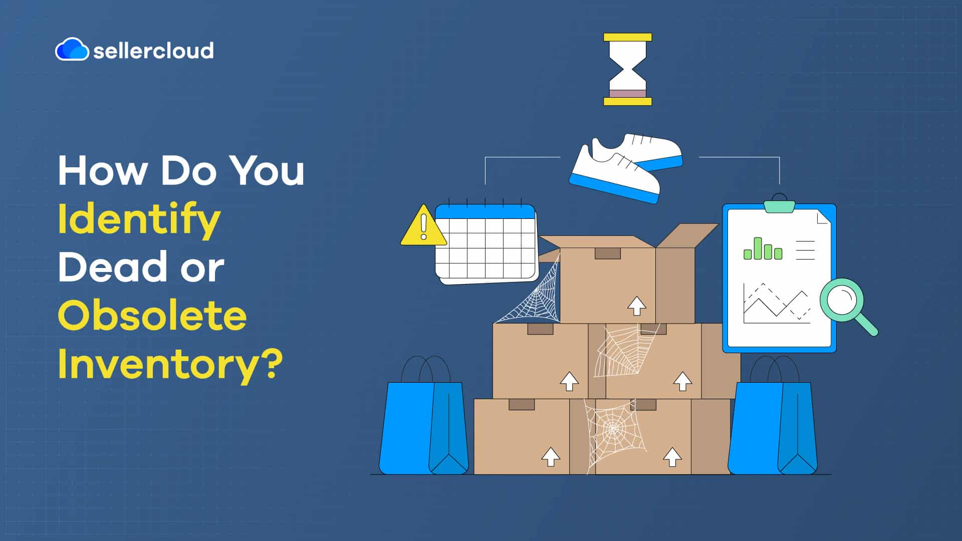 A graphic with the heading, 'How Do You Identify Dead or Obsolete Inventory?' It features several boxes piled on top of each other and covered in cobwebs.