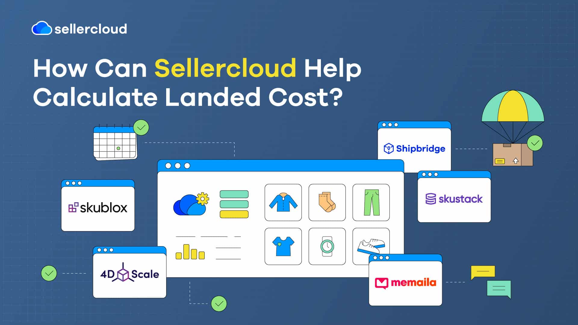 A graphic with the heading, 'How Can Sellercloud Help Calculate Landed Cost?' The image contains the logos of several Descartes Sellercloud modules.