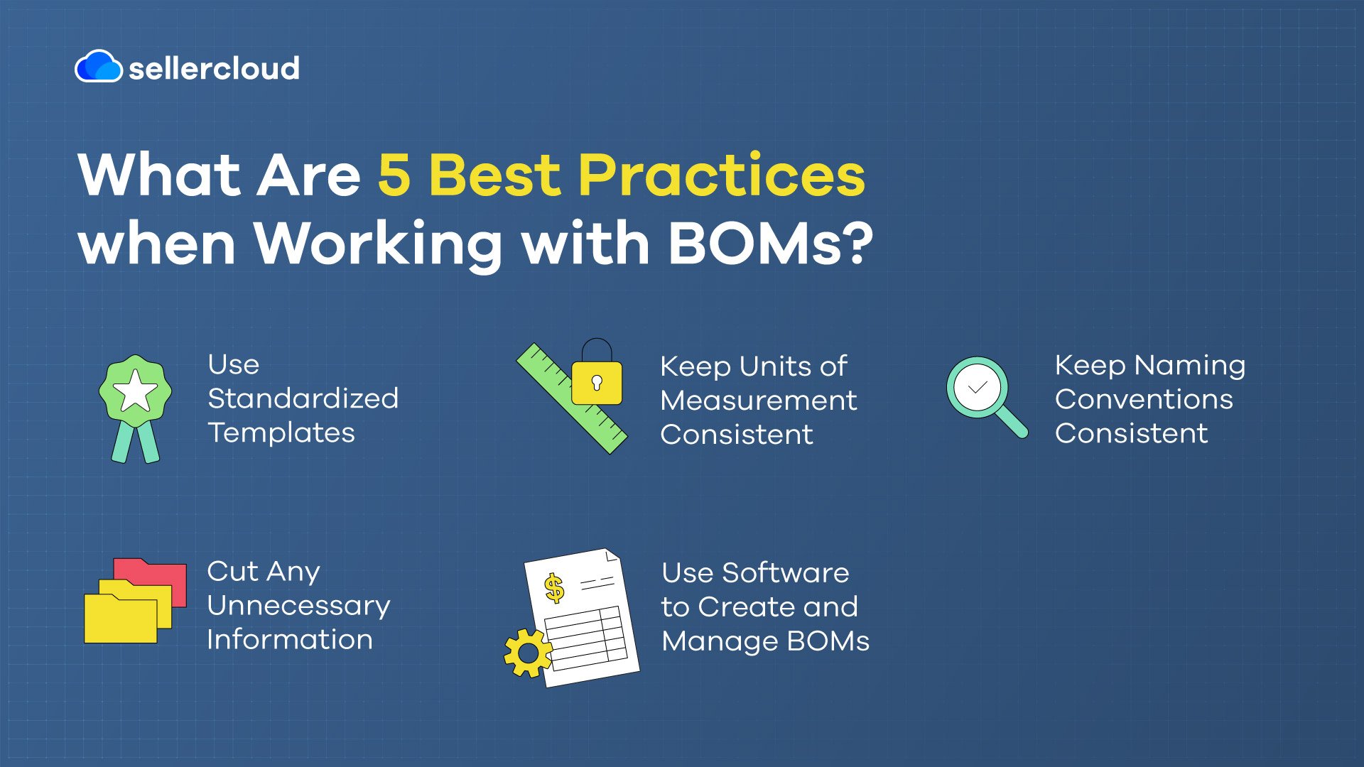 A graphic with the heading, 'What Are 5 Best Practices When Working with BOMs?' It lists five best practices for working with BOMs.