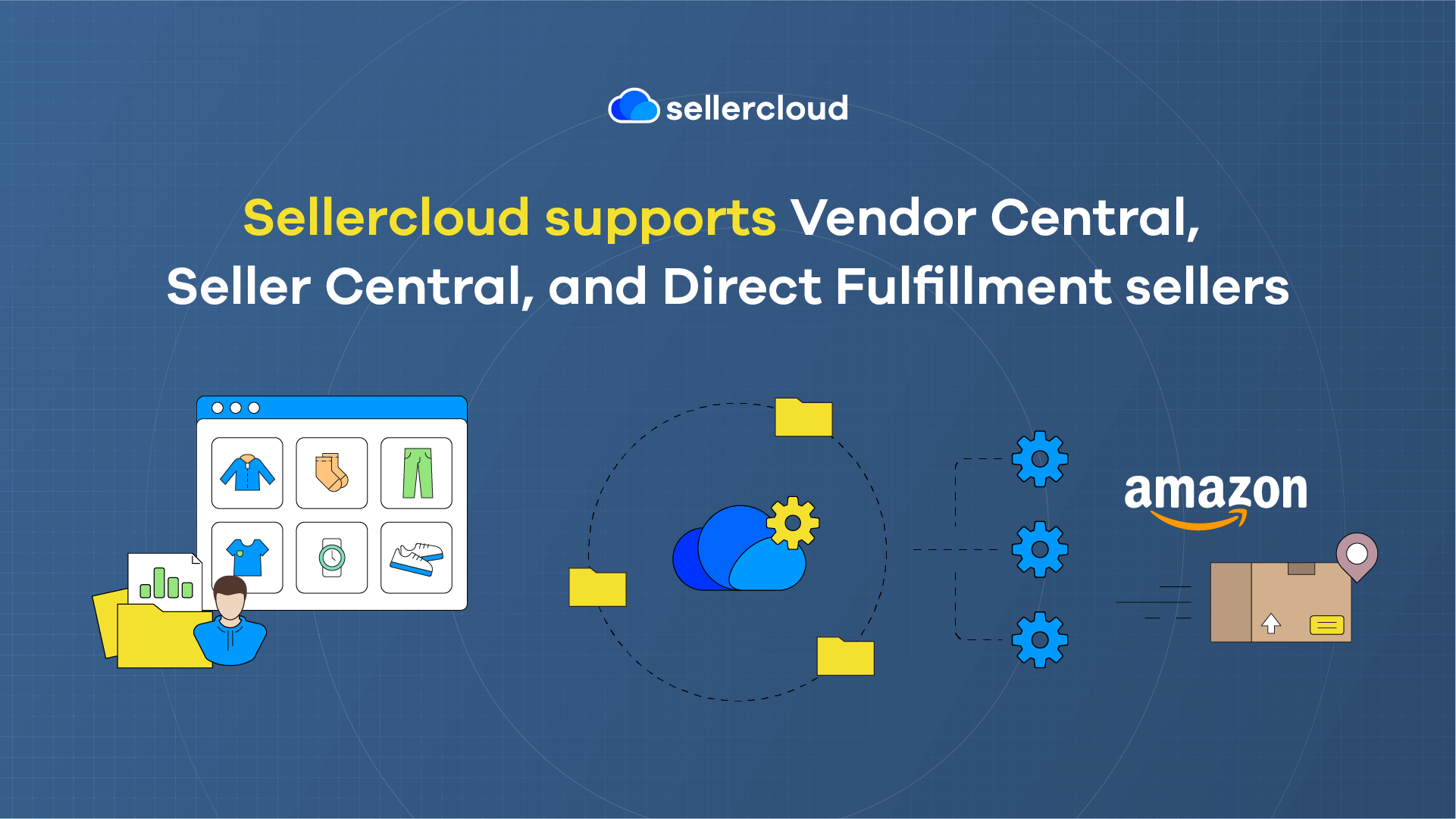 A graphic with the heading, 'Sellercloud Supports Vendor Central, Seller Central, and Direct Fulfillment Sellers.'