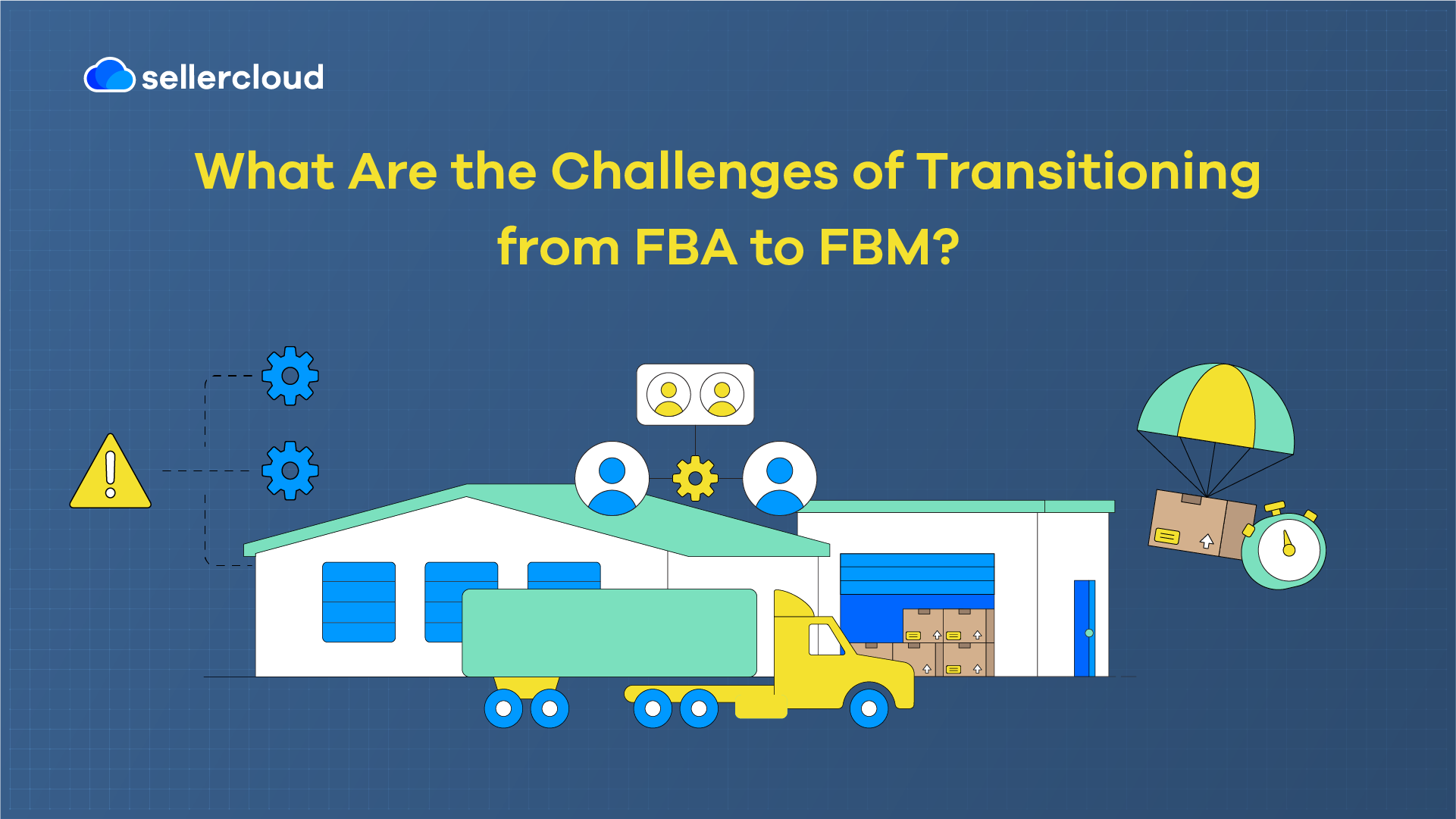 A graphic with the heading, 'What Are the Challenges of Transitioning from FBA to FBM?' It depicts a warehouse and a truck.