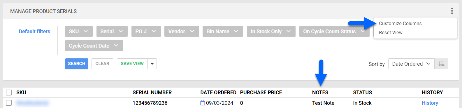Product Serial Report: Notes | Sellercloud