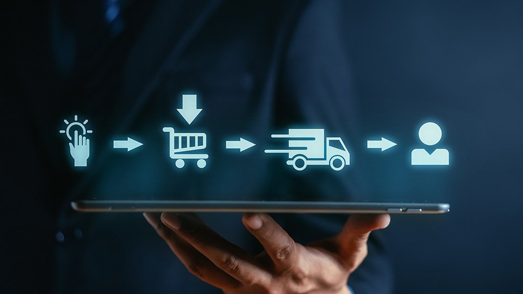 An image depicting the journey an order makes from selection and purchase to last-mile delivery.