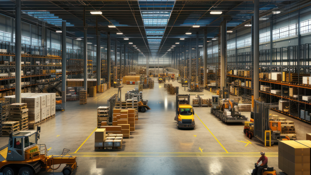 An image of a large warehouse with high ceilings. Forklifts move around the warehouse floor.