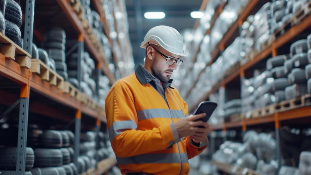 An image of a warehouse worker checking a mobile device while standing between two warehouse aisles.