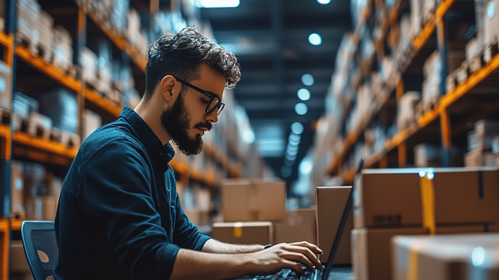 An image of a man typing on a laptop in a large warehouse.