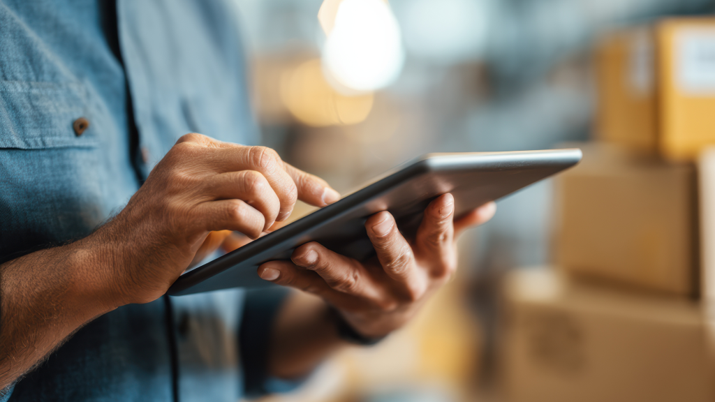 An image showing someone using a tablet device in a warehouse.