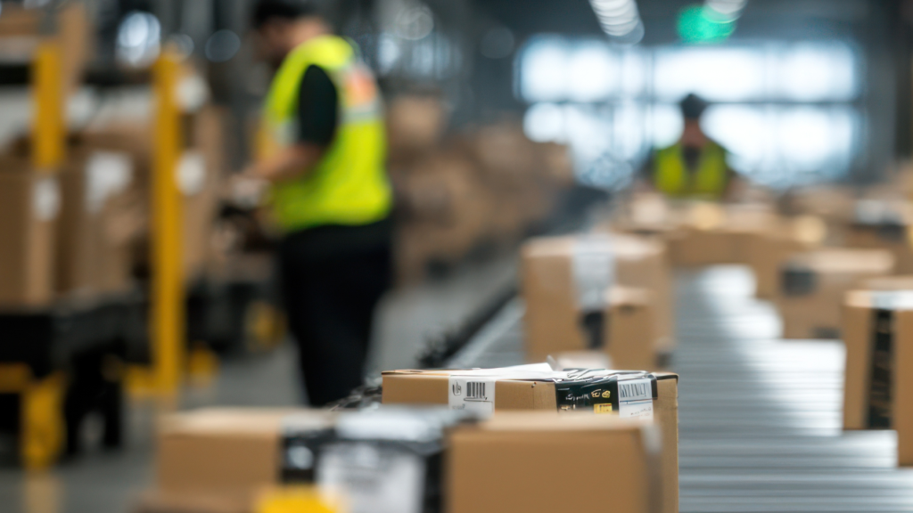 An image from inside a warehouse. In the foreground, packaged orders travel along a conveyory belt. In the background, warehouse workers can be seen.