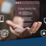 An image depicting someone holding out their hand. Arising from their hand appears an order number and the details related to the order. Hovering on either side are different symbols associated with order management.