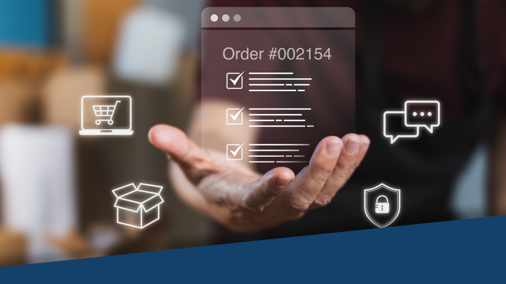 An image depicting someone holding out their hand. Arising from their hand appears an order number and the details related to the order. Hovering on either side are different symbols associated with order management.