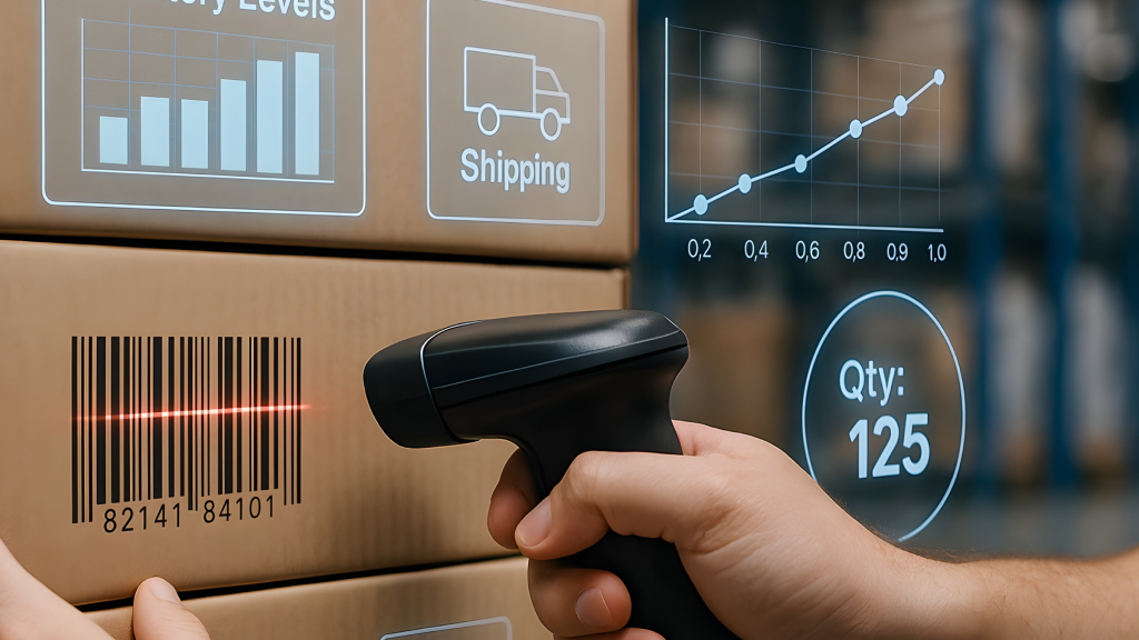 An image showing someone scanning a barcode on a box in a warehouse. Above we can see the symbol of a truck. Below the symbol, it says 'Shipping.'