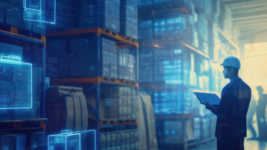 An image of a warehouse worker standing in front of several warehouse aisles holding a laptop. The image suggests that the WMS allows him to visualize what items are in the boxes in front of him. 