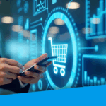 A suited person checks their phone. In the background, there is an image of a shopping cart.