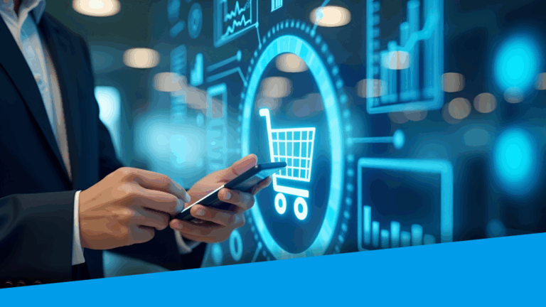 A suited person checks their phone. In the background, there is an image of a shopping cart.