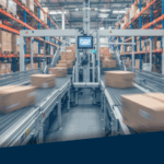 An image showing orders moving along a conveyor belt in a warehouse.