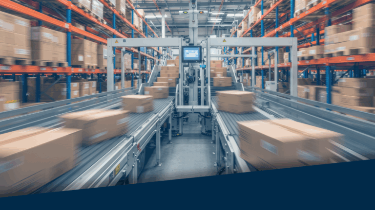 An image showing orders moving along a conveyor belt in a warehouse.