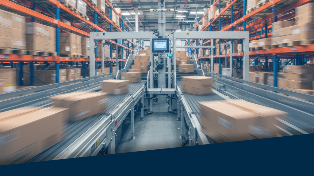 An image showing orders moving along a conveyor belt in a warehouse.