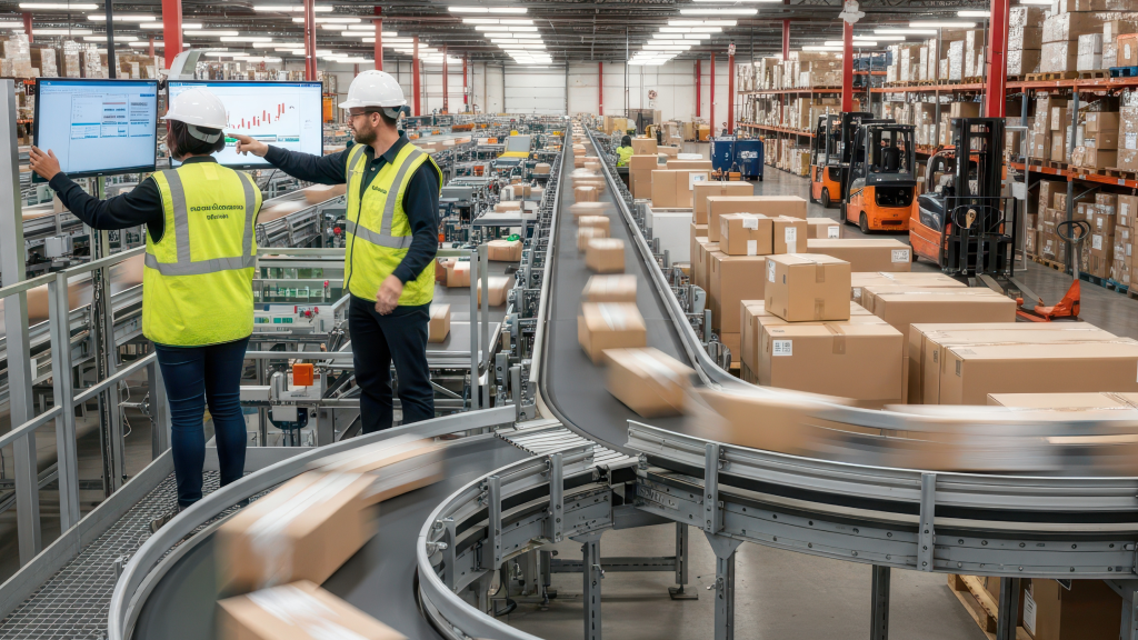 An image showing two warehouse workers monitoring different screens while orders move along a conveyor belt behind them in a warehouse.