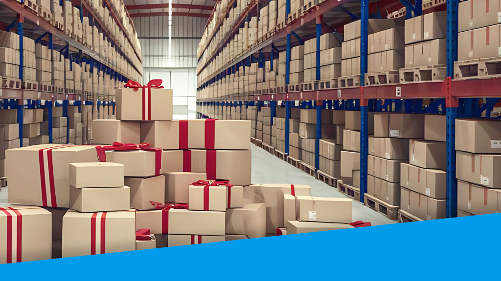 An image showing a pile of boxes wrapped in red ribbons in the middle of a warehouse aisle.