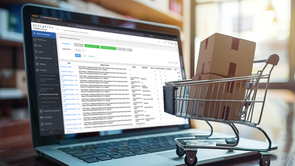 An image depicting a small shopping cart carrying orders on top of a laptop. The laptop screen displays the Descartes Sellercloud interface.